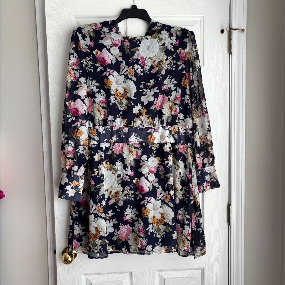 Navy Floral Long Sleeve Mini Dress - Pink, White & Mustard Flowers